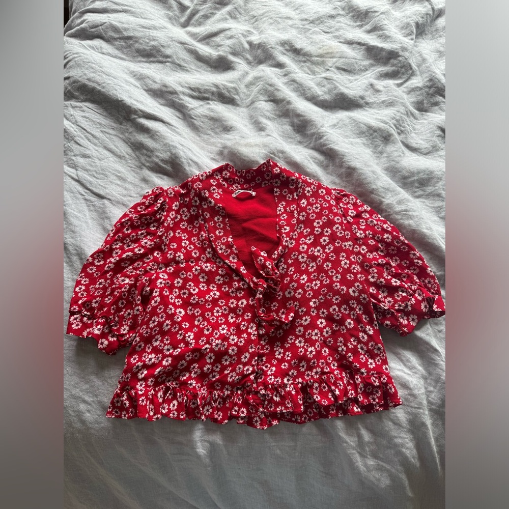 Reformation Red Floral Tie Blouse